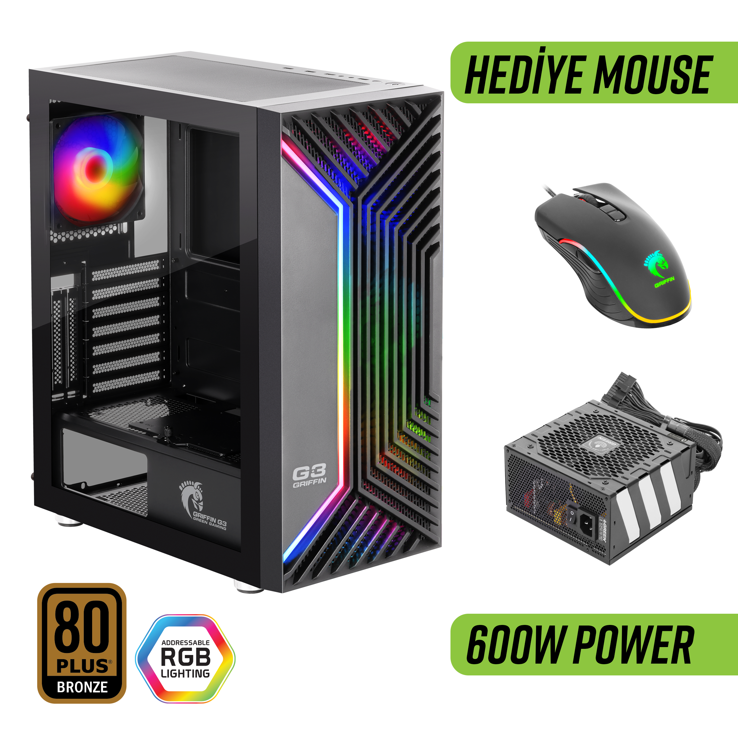 Green Griffin G3 Plus ARGB Gaming Bilgisayar Kasası (4×120mm Fan + Tempered Cam) – 600W 80+ Bronze PSU Dahil