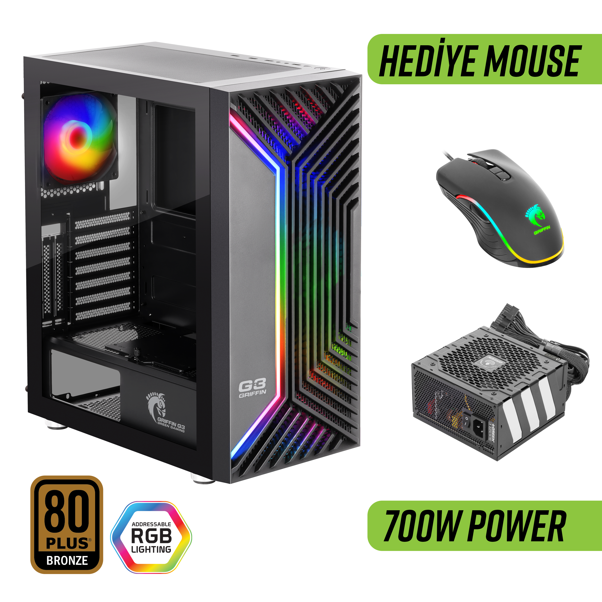 Green Griffin G3 Plus ARGB Gaming Bilgisayar Kasası (4×120mm Fan + Tempered Cam) – 700W 80+ Bronze PSU Dahil