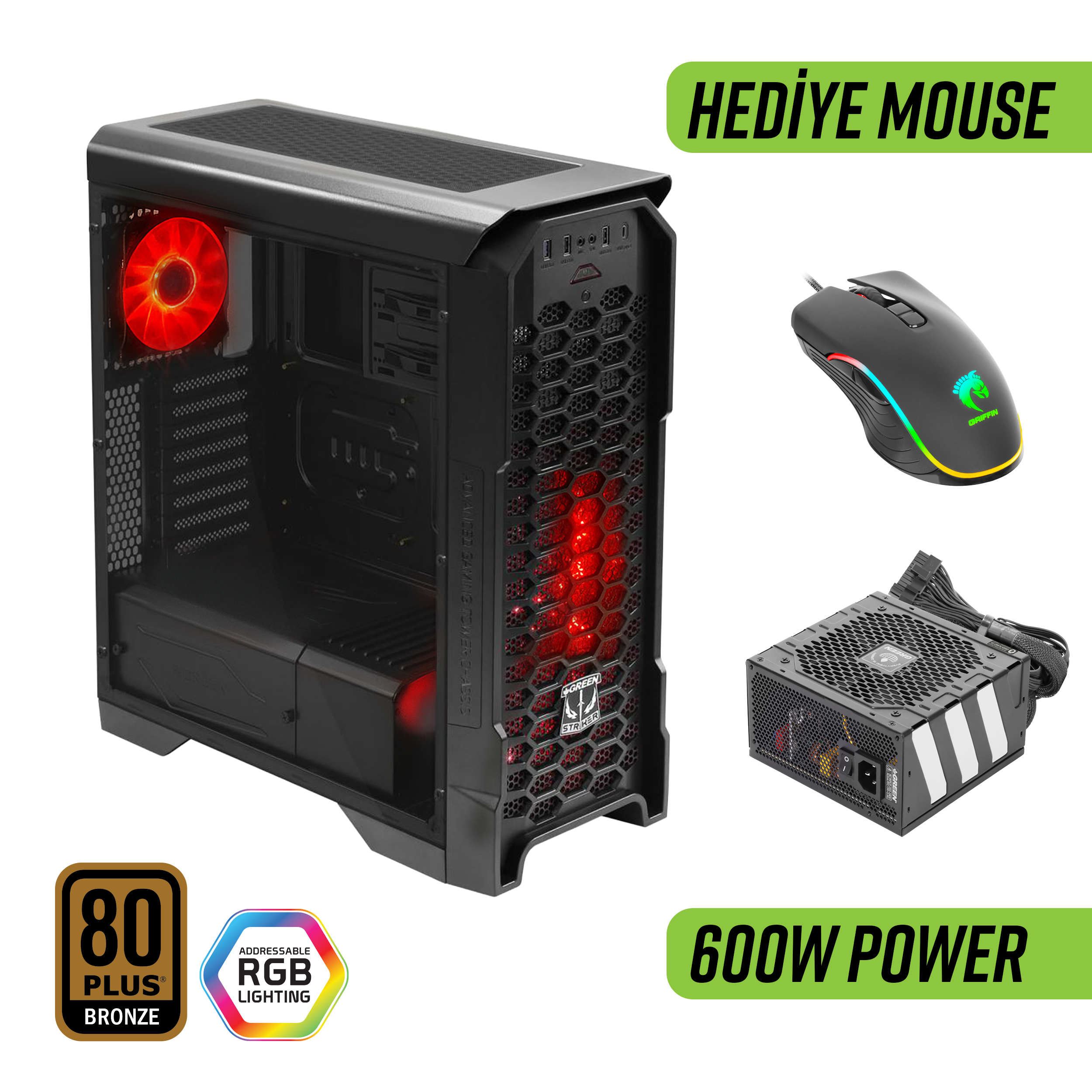 Green Striker Midtower Gaming Bilgisayar Kasası (3×120mm Fan, 6 Fan Desteği, Siyah) – 600W 80+ Bronze PSU Dahil