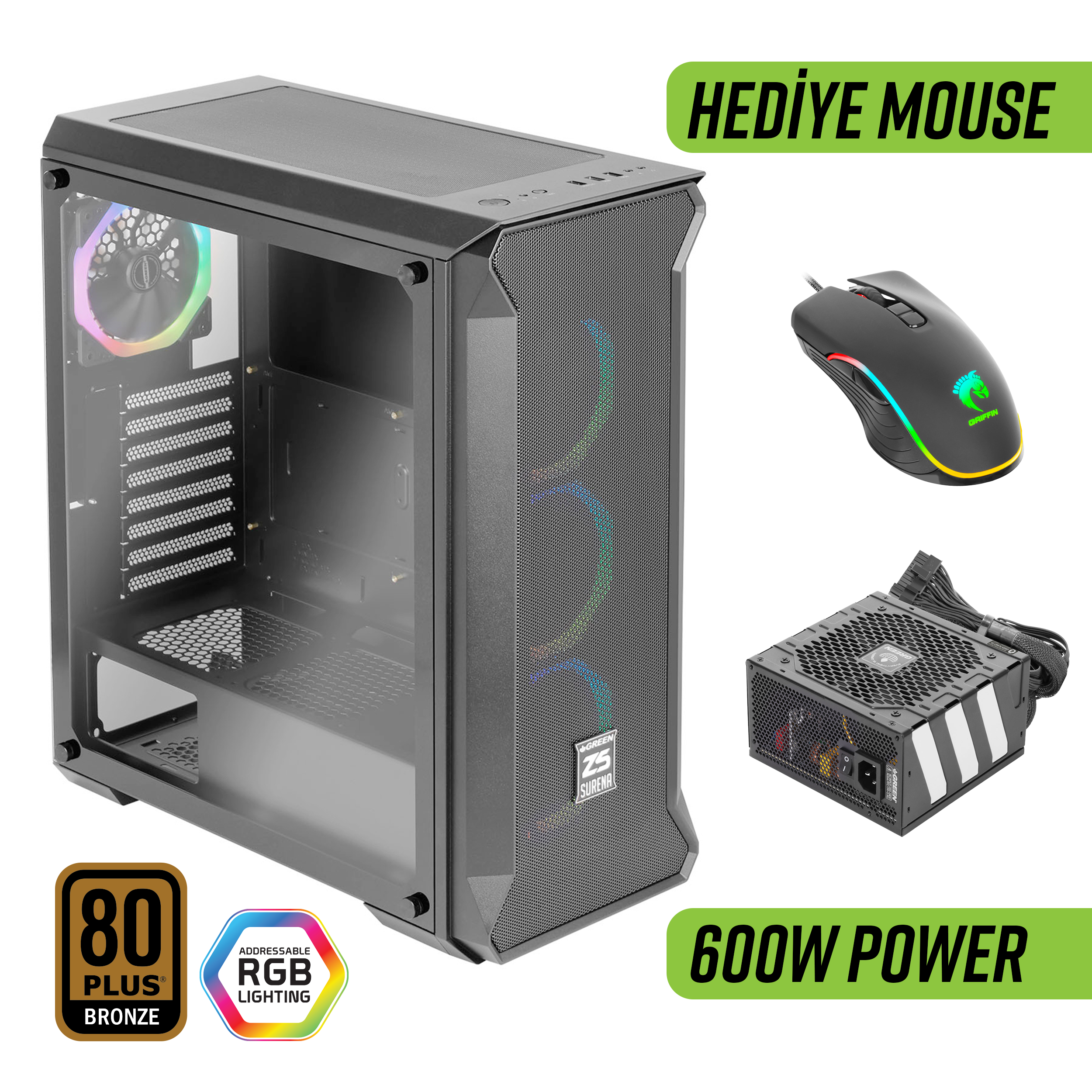 Green Z5 Surena ARGB Gaming Bilgisayar Kasası (4×120mm Fan + Kumanda) – 600W 80+ Bronze PSU Dahil