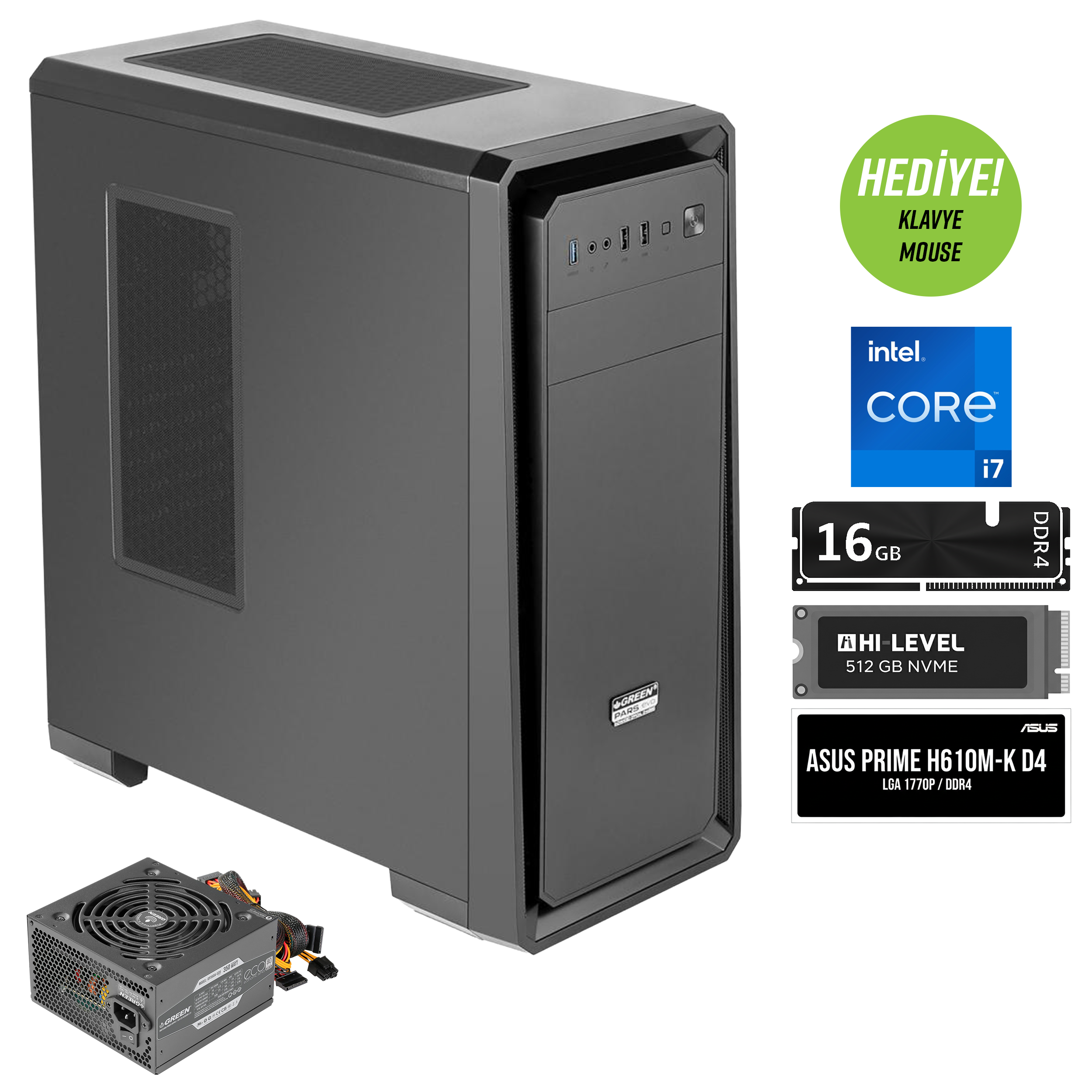 GREEN Pars Evo İntel i7 12700K İşlemci 16GB DDR4 Ram 512GB M2 SSD Freedos OEM Ofis Paket